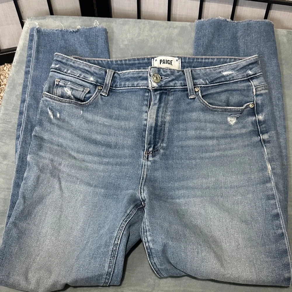 PAIGE Hoxton Slim Women's Distressed Lt Blue Cropped Frayed Jeans 29 See Details - Picture 1 of 14
